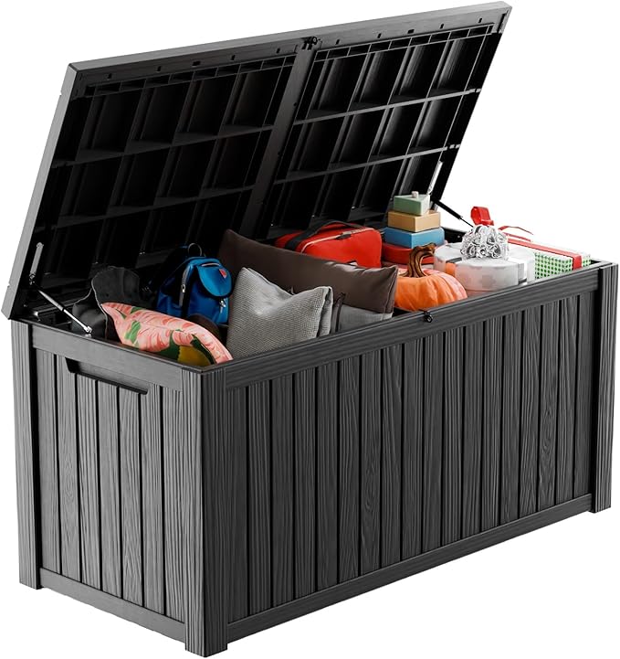180 Gallon Deck Box Large Outdoor Storage for Patio Furniture,Outdoor Cushions,Garden Tools and Pool Supplies,Waterproof,Resin,Lockable(Black)-Ruum Studio Home
