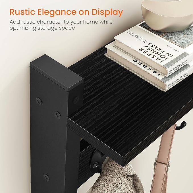 Homode Coat Rack Wall Mount with Shelf, 24" Long Entryway Shelf with Hooks Underneath, Wooden Coat Hanger for Hanging Hats, Bathroom Towels, Clothes, Black-Ruum Studio Home
