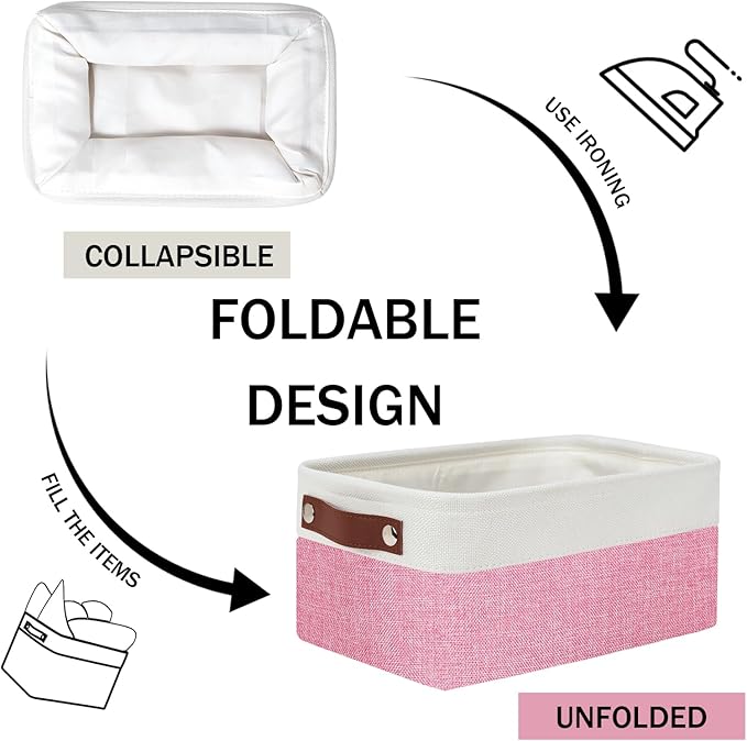 DULLEMELO Small Storage Baskets 6 Pack, Fabric Collapsible Gift Storage Baskets for Shelves, Closets, Nursery, Home, Office Organizing,Small Canvas Linen Rectangular Storage Bins (6-Pack, White&Pink)-Ruum Studio Home