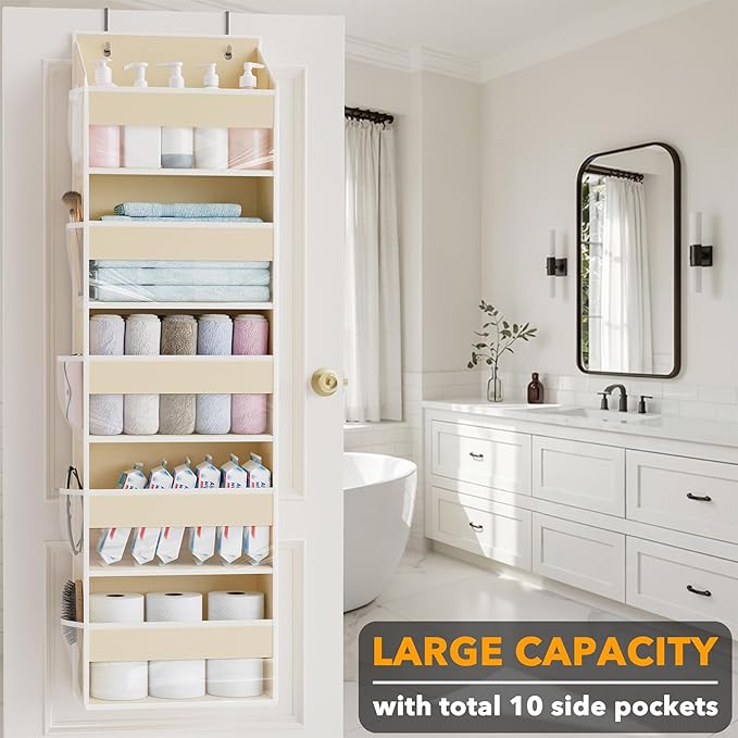 SpaceAid 2 Pack Over The Door Organizer with 5 Large Pockets and 10 Mesh Side Pockets, 5 Layers Door Organizer Hanging with Clear Window for Bedroom, Bathroom, Pantry and Nursery, Beige-Ruum Studio Home