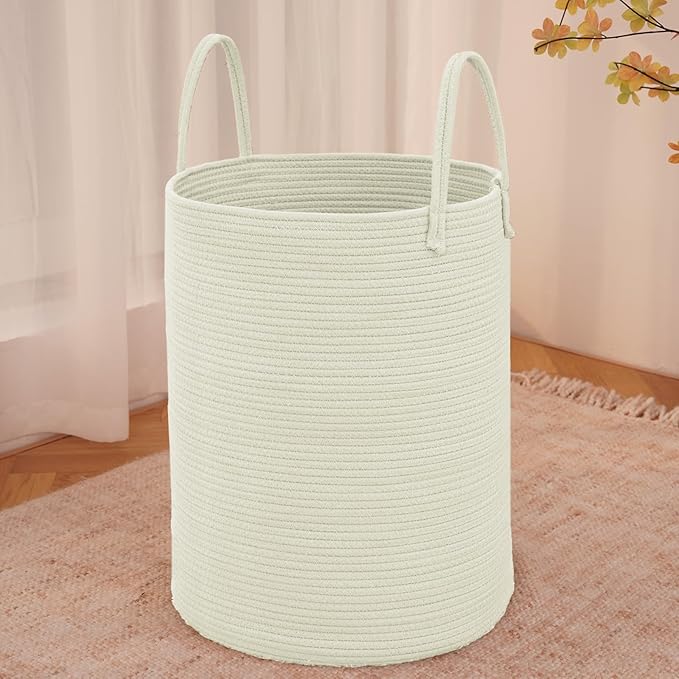 Large Woven Laundry Basket Hamper,80L Cotton Rope Storage Bin for Blankets,Toys and Clothes,Decorative Tall Nursery Hamper for Living Room,Baby Nursery,Bathroom and Bedroom,White-Ruum Studio Home