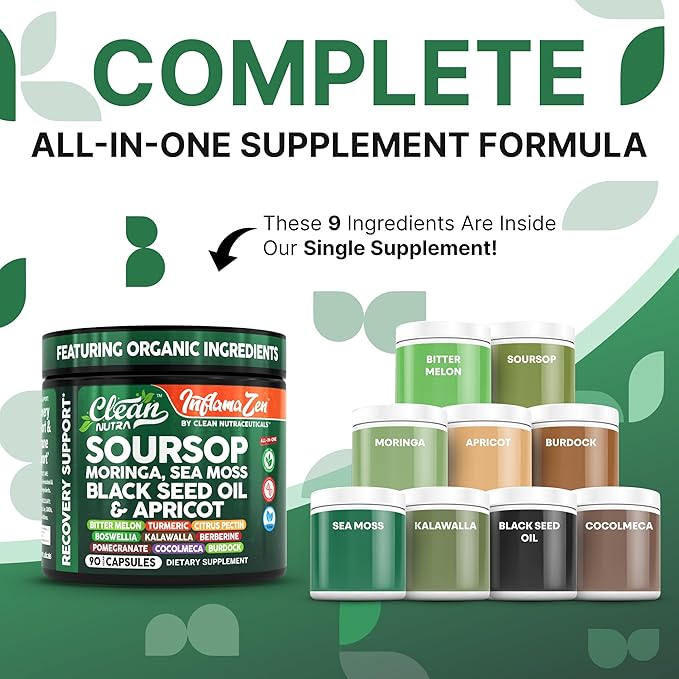 Clean Nutra Soursop Supplement Moringa Sea Moss Black Seed Oil Berberine Turmeric Resveratrol Quercetin Greens Bitters Boswellia Bitter Melon Burdock Root Antioxidant Support 90 Capsules-Ruum Studio Home