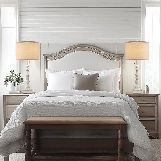 Farmhouse Table Lamps for Bedroom Set of 2, 29.5" Tall Rustic Bedside Lamp with USB Ports and AC Outlet, Vintage Nightstand Table Lamp for Living Room with Linen Drum Shade, White, Pull Chain-Ruum Studio Home