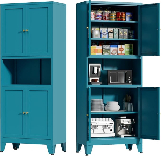 69" Tall Kitchen Pantry Cabinet, Metal Storage Cabinet with 4 Doors and Adjustbale Shelves, Freestanding Cupboards for Dining Room, Living Room, Bathroom-Ruum Studio Home