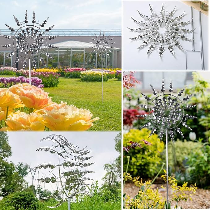 Unique and Magical Metal Windmill, 2Pcs Wind Spinners, 3D Wind Powered Kinetic Sculpture, Stainless Steel Wind Spinners, Wind Mill for Yard and Garden (2PCS-Silver)-Ruum Studio Home