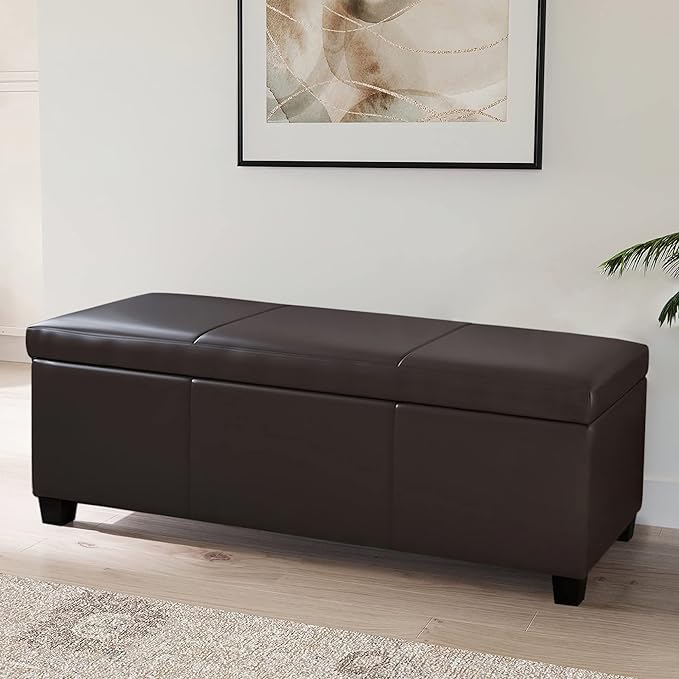 BELLEZE 47 Inch Storage Ottoman, Faux Leather Storage Bench Bedroom Bench with Safety Close Hinge, Ottoman with Storage for Living Room, Entryway, Hallway, Foot Rest, Support 300lbs - Brown-Ruum Studio Home