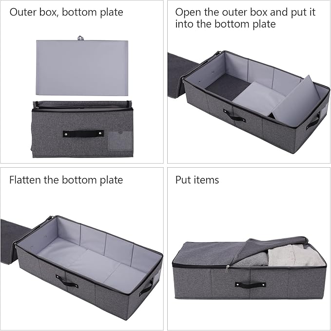 2PCS Foldable Under Bed Storage Box with Plastic Support Liner, Handles, Zipper lid, Blankets Clothes Comforters Storage Bin Organizer for Bedroom and Closet, 29×15×7inch, Black Grey-Ruum Studio Home