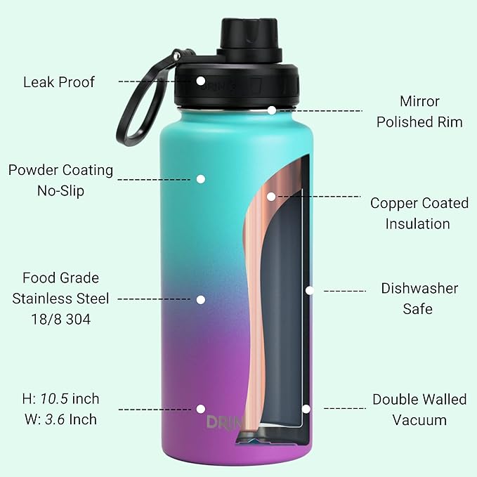 DRINCO Stainless Steel Water Bottle Spout Lid Vacuum Insulated Double Wall Water Bottle Wide Mouth (40oz 32oz 22oz 18oz 14oz) Leak Proof Keeps Cold or Hot (32 oz, 32oz Ombre Fuchsia Teal)-Ruum Studio Home