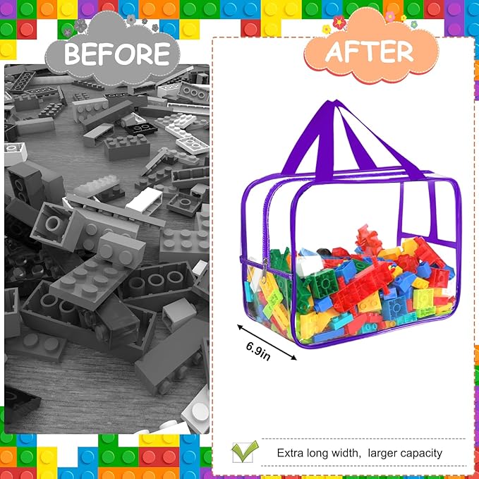 6 Colors Widen X-Large Toy Storage Bags 12.6×9.25×6.9In with Labels, Reusable Clear PVC Board Game Storage, Travel Waterproof Organizer Bags with Zipper for Building Blocks, Puzzle, Stuffed Animals-Ruum Studio Home