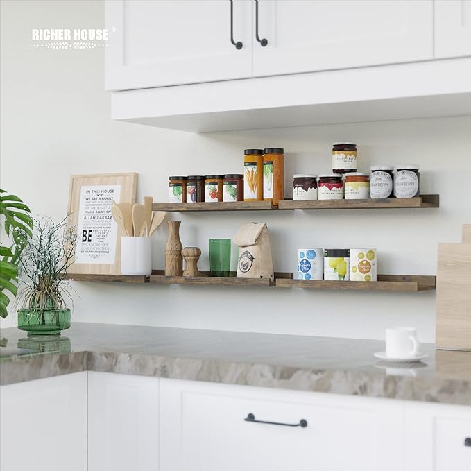 RICHER HOUSE 5 Set Floating Shelves for Wall Decor, Wall Mounted Book Shelf, Nursery Shelves Picture Ledge Shelf with Lip for Wall Storage, Bedroom, Living Room, Bathroom - Brown-Ruum Studio Home