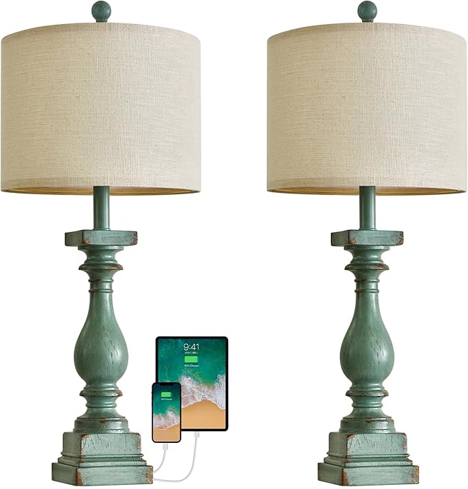 BOBOMOMO 27" Farmhouse Table Lamp Set of 2 with USB A+C for Bedroom Living Room Vintage Rustic Traditional Nightstand Bedside Lamps Retro Side Table Lamps (Green)-Ruum Studio Home
