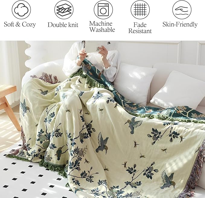 Snycler Boho Throw Blanket for Bed - 100% Cotton Ultra Soft Rustic Quilt Blanket Green Floral Bird Printed Farmhouse Decor Bed Blankets, 80"×90" All Season Rustic Throw for Sofa Chair Couch-Ruum Studio Home
