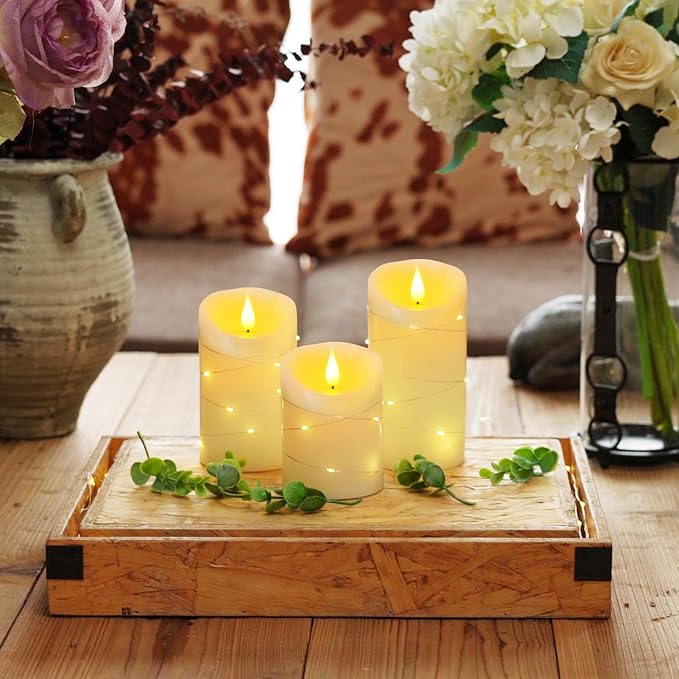 Homemory Flameless Candles with String Lights, 3 Pack Embedded Fairy String Lights LED Candles, Electric Flickering Candles with Remote Control and Timer, Real Wax, Ivory White-Ruum Studio Home