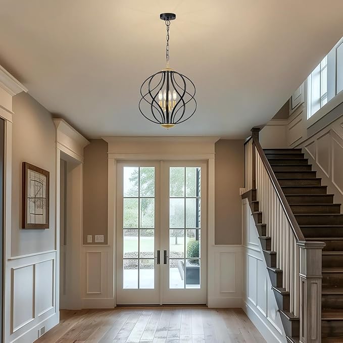 Modern Black and Gold Chandelier for Dining Room, 4 Lights Geometric Chandeliers, Sphere Chandelier Industrial Large Pendant Light Fixtures Hanging for Kitchen, Entryway, Foyer, Stairs-Ruum Studio Home