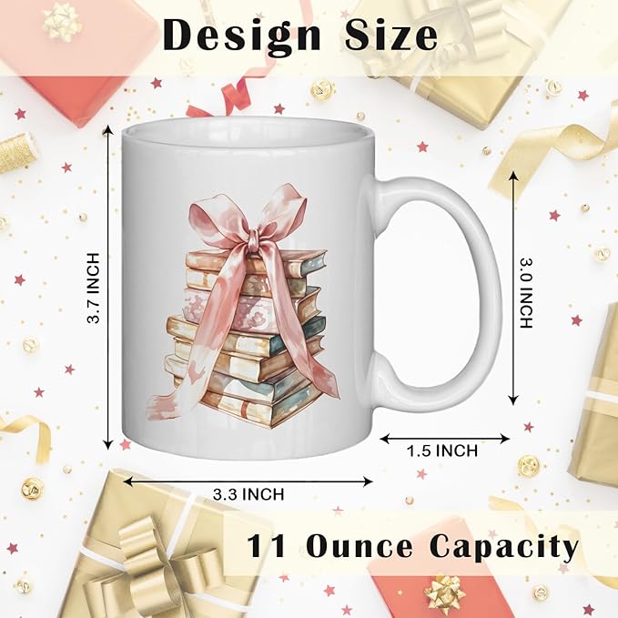 JINYO Coquette Pink Bow Books Mug, Book Coffee Cup, Reading Mugs for Book Lovers, Gifts for Readers Books Lovers Women, Bookish Bookworm Gifts for Women, Ceramic Coffee Tea Mug 11 oz-Ruum Studio Home