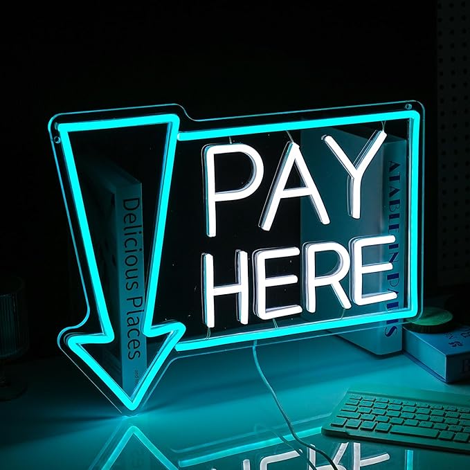 Pay Here Neon Sign Bright Ice Blue White Pay Light Up Sign for Business Decor Dimmable LED Words Neon Light for Restaurant Shop Bar Neon Wall Decor (16.5 * 12.8 In)-Ruum Studio Home