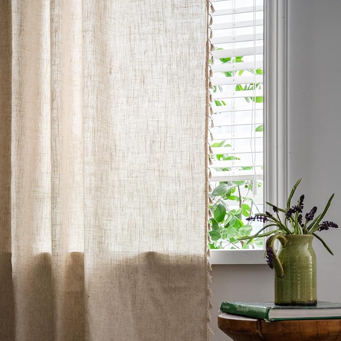 Sutuo Home Boho Curtain 72 Inches Long for Bedroom, Natural Linen Look Textured Burlap Rod Pocket Chic Semi Blackout Bohemian Handmade Tassels Window Treatment for Living Room, 1 Panel 59" W x 72" L-Ruum Studio Home