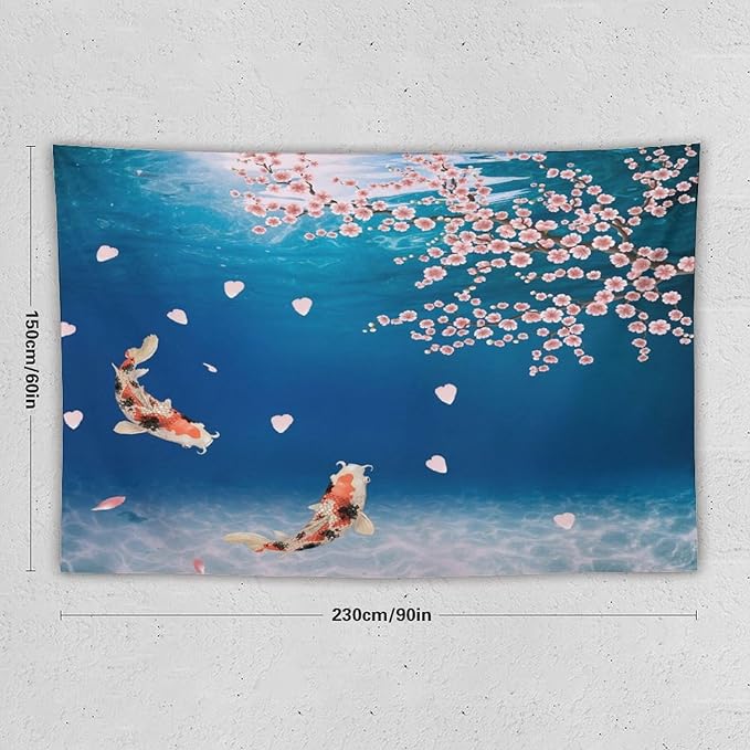 Japanese Koi Fish Tapestry, Cherry Blossoms Asian Oriental Blue Floral Branch Koi Fish Carp Tapestries Wall Hanging for Bedroom Living Room Office Decor 90"x60"-Ruum Studio Home