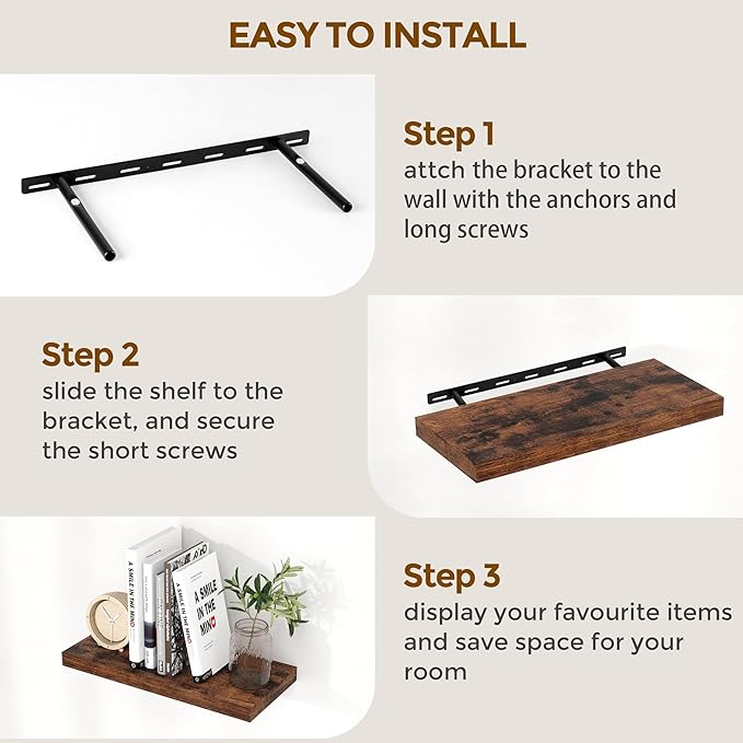 48 Inch Floating Shelves Set of 2, Rustic 48 x 9 Floating Shelf for Wall, 9 Inch Deep Bookshelf Invisible Bracket, Wall-Mounted Deep Shelving for Bedroom, Kicten, Living Room, Rustic Brown Color-Ruum Studio Home