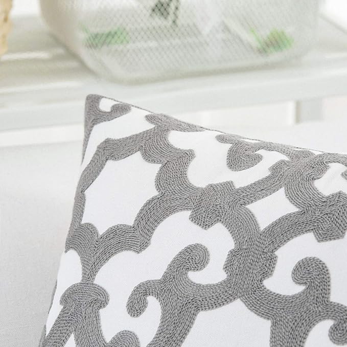 HWY 50 Grey Gray Decorative Throw Pillow Covers 18x18 Inch, Pack of 2 Embroidered Cotton Farmhouse Cushion Cover Pillow Case for Sofa Couch Living Room Bed Bedroon, Geometric Design-Ruum Studio Home