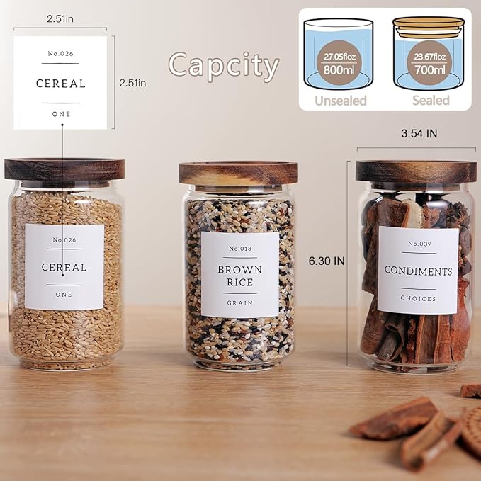 6 Set Glass Pantry Storage Jars with Acacia Airtight Lid - 23oz Thicken Glass Kitchen Canisters with 132 Pantry Labels - Clear Glass Food Storage Containers with Wood Lid for Tea,Sugar,Cookie,Coffee-Ruum Studio Home