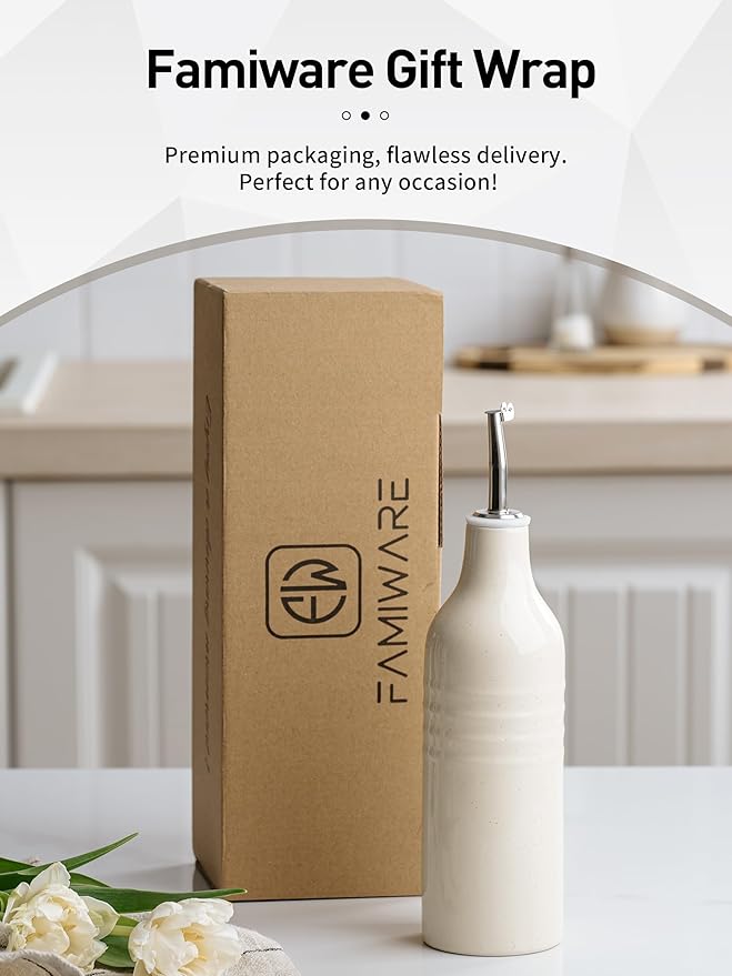 famiware Jupiter 16oz Ceramic Olive Oil Dispenser Bottle, 1 Piece Oil Dispenser for Kitchen with Stainless Steel Pourers, Suitable for Storage Vinegar, Soy Sauce, Coffee Syrup, Vanilla White-Ruum Studio Home