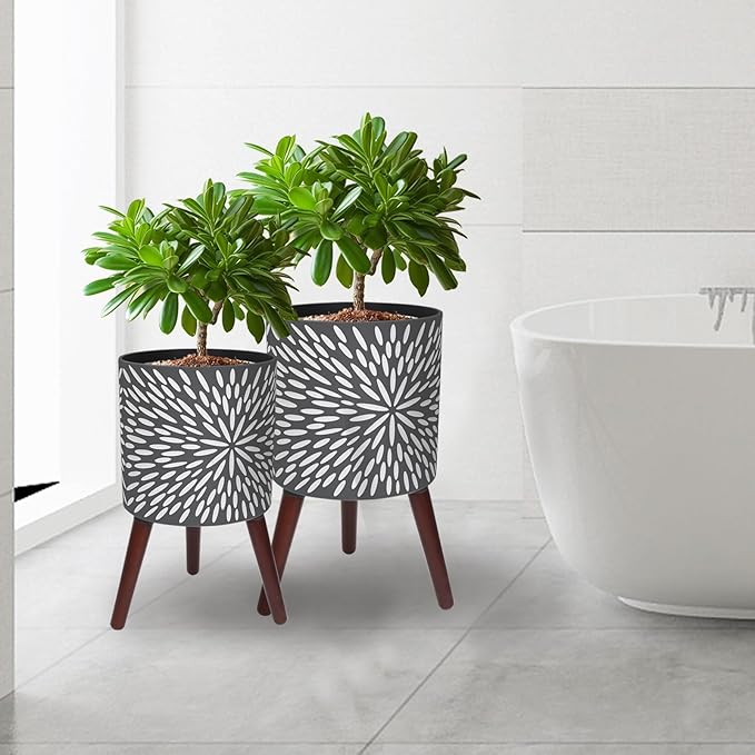 10 & 12 Inches Plant Pot with Stand Set of 2, Large Matte Gray Modern Planters for Indoor Outdoor Plants with Drainage Holes, Big Flower Pots with Wood Legs-Ruum Studio Home
