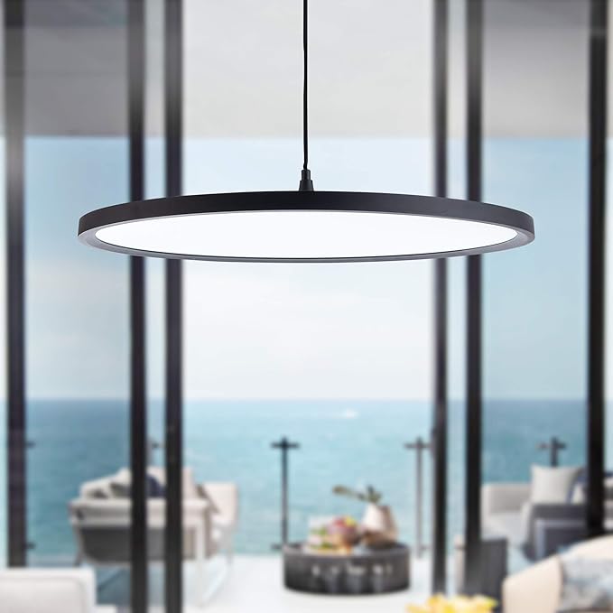 MADEM Modern LED Pendant Light 23.6'' Disc Chandelier Hanging Lighting Fixture with Acrylic Shape Dimmable Office Chandelier 6000K for Office Room Football Bedroom Decor Kitchen Island, Black-Ruum Studio Home