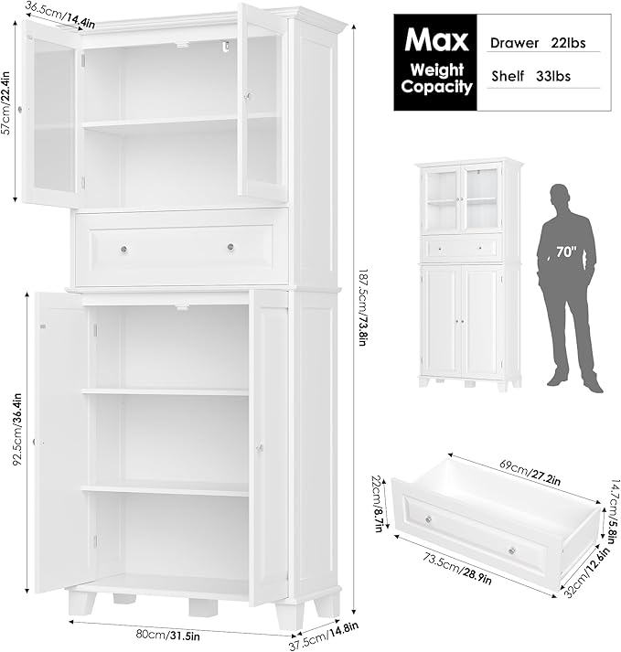 76'' Kitchen Pantry Storage Cabinet, Freestanding Kitchen Cupboard with Large Drawer, Doors, and Adjustable Shelves, Bathroom Storage Cabinet for Dining Room, Living Room, Laundry, White-Ruum Studio Home