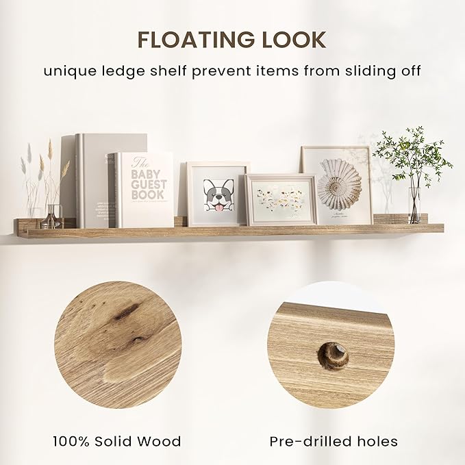 Floating Shelves for Wall, Picture Ledge Shelf 55 Inch Solid Wood Set of 2, Rustic Wall Shelves with Lip, Kids Bookshelf, Photo & Picture Live Edge Floating Shelves for Bedroom, Living Room, Kitchen-Ruum Studio Home