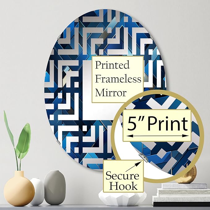 Symmetric Cubes in Deep Cobalt Blue - Geometric Maze - 20x30 Inches - Oval Decorative Wall Mirror for Bathroom, Bedroom, Entryway, Living Room, Vanity Room and Modern Décor-Ruum Studio Home