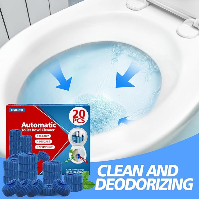 USKICH Toilet Bowl Cleaner Tablets 20 PACK, Bathroom Automatic Toilet Tank Blue Cleaners with Bleach, Slow-Releasing Household Toilet Cleaners for Deodorizing, Descaling, against Tough Stains-Ruum Studio Home