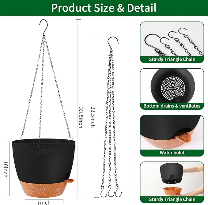 GARDIFE Large Hanging Planter, 12 inch Hanging planters for Indoor. Outdoor Plants, Self Watering Plant Pot, Plant Hanger, Black-Ruum Studio Home