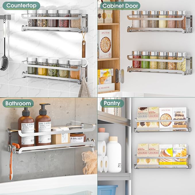 LUCYCAZ 4 Pack Wall Mounted Spice Rack with 16 Hooks, Spice Organizer Shelf for Stove Cabinet Pantry Door,Screw or Adhesive Spice Shelf Hanging Wall Spice Rack in Kitchen and RV (Silver, 4 PACK)-Ruum Studio Home