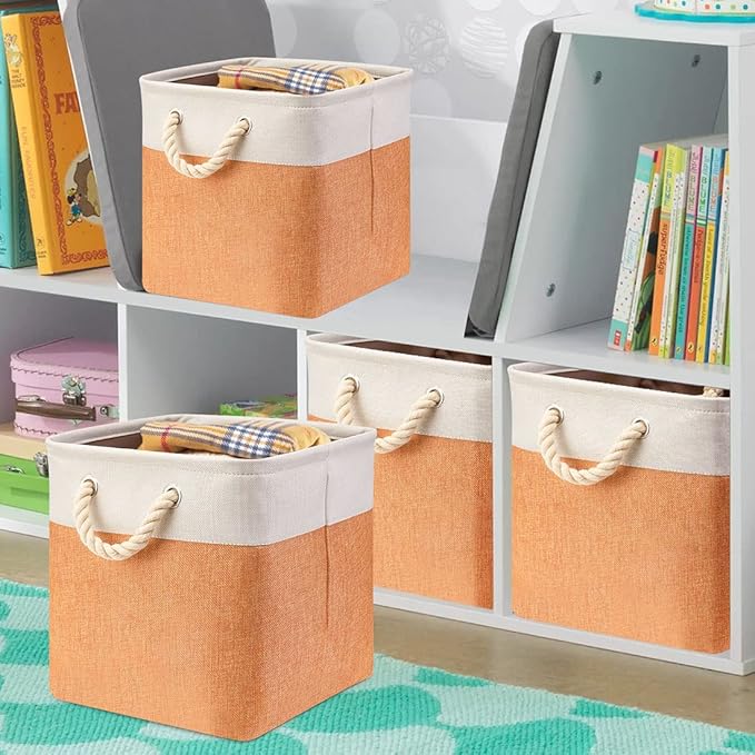 i BKGOO 3Pack Large Foldable Storage Bins，Collapsible Sturdy Cationic Fabric Organizing Storage Basket Cube with Cotton Handles for Home Office Shelf Clothes Toys Beige-Orange 13×13×13 inch-Ruum Studio Home