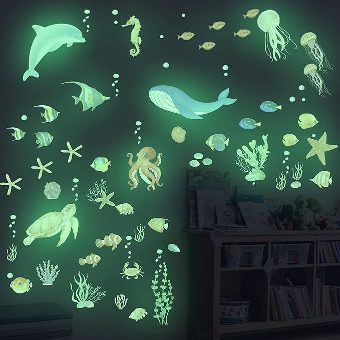 Sea Turtle Ocean Fish Wall Decals Glow in The Dark, Under The Sea Life Animals Stickers for Ceiling, Girls Boys Waterproof Decoration for Living Room Wall Bathroom Toilet-Ruum Studio Home