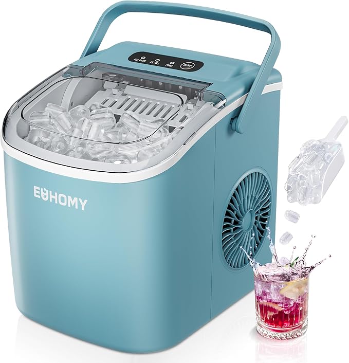 EUHOMY Countertop Ice Maker Machine with Handle, 26lbs Per Day, 9 Ice Cubes Ready in 6 Mins, Auto-Cleaning Portable Ice Maker with Basket and Scoop, for Home/Kitchen/Camping/RV (Blue)-Ruum Studio Home