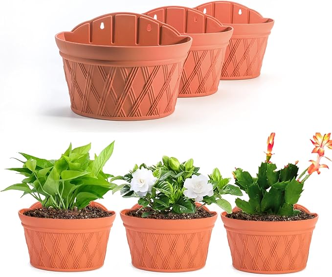 Sungmor Wall Hanging Planters,11.5 Inch Hanging Flower Pots for Railing Fence - Indoor Outdoor Balcony Wall Hanging Basket, Plastic Plant Pot Container - Half Round & 3PC Pack & Brick Red-Ruum Studio Home