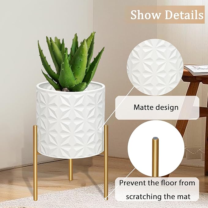 ARNIS Modern Planter Pots, Set of 2 Large Planters with Stand, Decorative Planters, Metal Pots with Drainage Holes for Living Room, Office, Garden or Balcony, 8.25 &10.5 Inch, Matte White-Ruum Studio Home