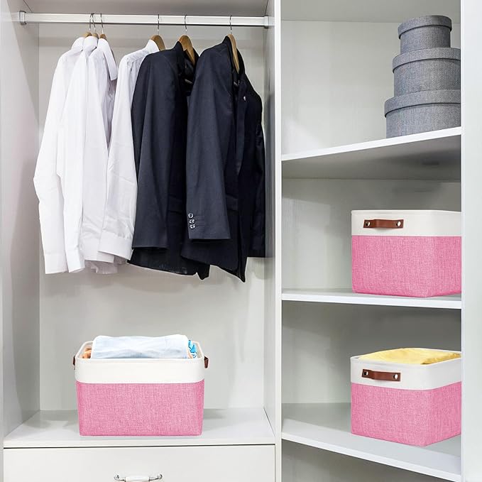 Storage Bins Large Fabric Storage Baskets for Shelves 3 Pack, Decorative Linen Closet Baskets with Handles for Organizing, Shelf, Clothes, Home, Office, 15x11x9.5Inches (Pink&White)-Ruum Studio Home