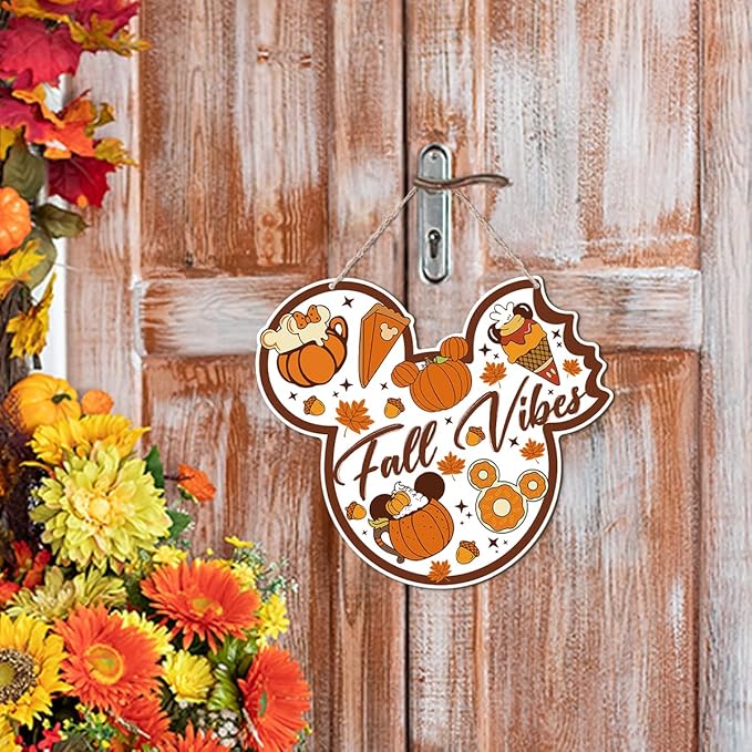 Fall Vibes Door Hanger, Fall Mouse Welcome Door Sign, Wooden Maple Leaves Mushroom Hanging Decor for Front Door, Fall Wood Wreath Wall Decors for Autumn Harvest Thanksgiving Home Decor-Ruum Studio Home