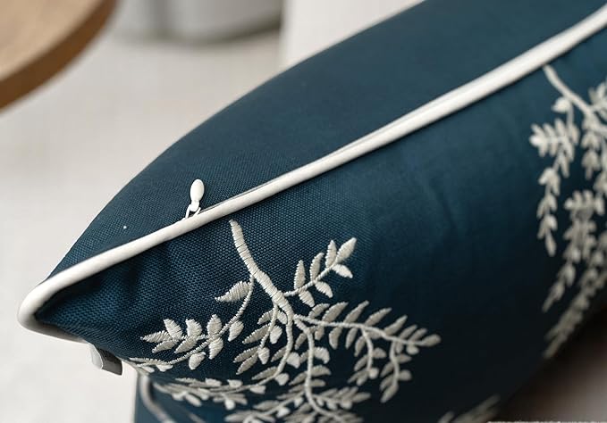 VAGMINE Embroidered Leaves Throw Pillow Cover - 20x20 Inches Square - 100% Cotton Teal Decorative Cushion Cover - Luxurious Embroidery Pattern - Vibrant Boho Accent for Sofa, Bed, Chair, Living Room-Ruum Studio Home