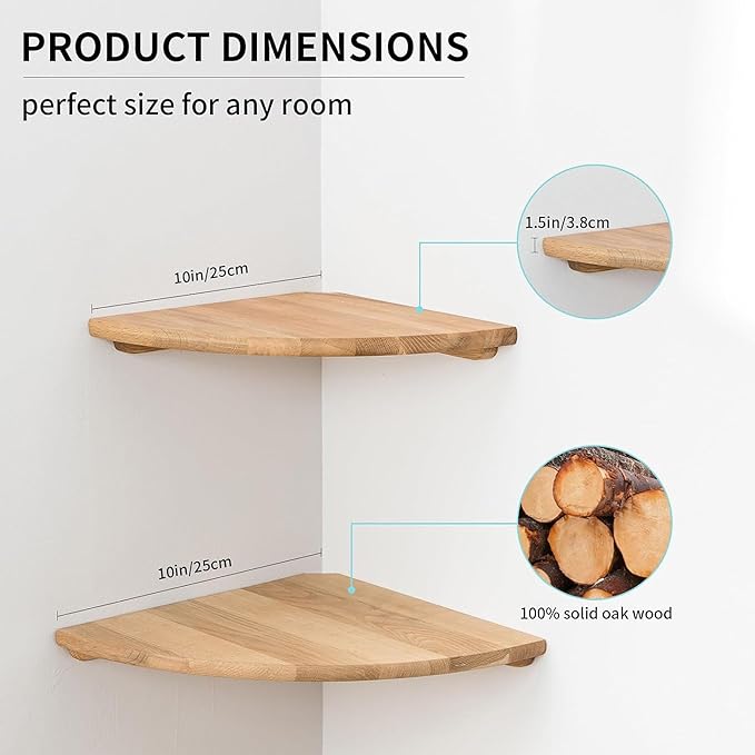 Corner Shelves, Floating Corner Shelf, Set of 2 10inch Solid Oak Wood Corner Wall Shelves, Round End Wall Mount Display Shelf with Wire Hole for Bedroom Kitchen, Living Room-Ruum Studio Home