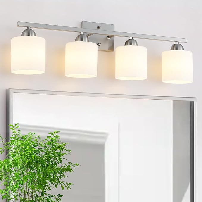 Stainless Steel Milk Glass Vanity Lights for Bathroom, 4 Light Brushed Nickel Bathroom Light Fixtures Over Mirror, Ceramic E26 Sockets Wall Mounted-Ruum Studio Home