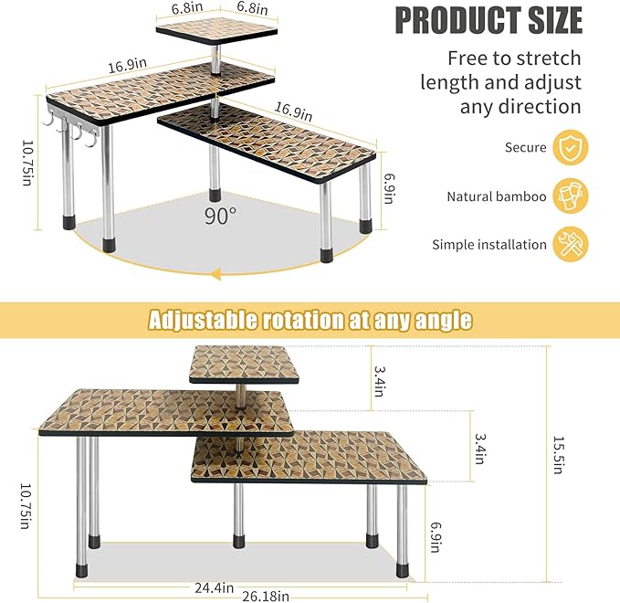 HYNAWIN 3-Tier Countertop Shelf,Desktop Storage and Organization,Bamboo Corner Shelf Over the Table With Printed Pattern-Adjustable Rack with Double Legs for Kitchen,Bed Room, Office-Ruum Studio Home