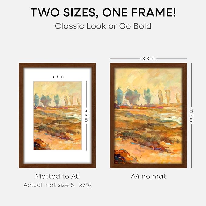 Homeforia A4 Picture Frame Brown Wood, High-End Dark Oak 8.3 x 11.7 Poster Walnut Frames Matted to 5.8 by 8.3 inch Photo, A4 Size Wooden Frame with Mat for A5 Print, Tempered Glass, Wall Kit, Set of 1-Ruum Studio Home