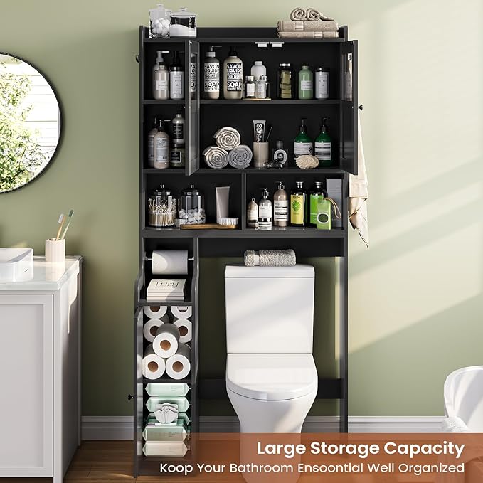 Itaar Over The Toilet Storage Cabinet, Over Toilet Bathroom Organizer with Glass Doors & Toilet Paper Holder Stand, Home Space-Saving Toilet Rack, for Bathroom, Restroom, Laundry(Black)-Ruum Studio Home