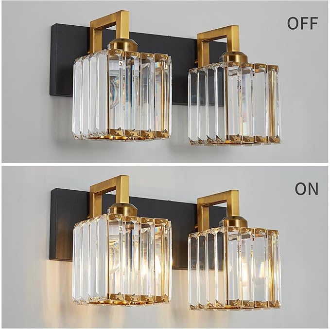 Modern Bathroom Vanity Light 2-Lights Black Gold Crystal Wall Lamp Bathroom Modern Crystal Vanity Lighting-Ruum Studio Home