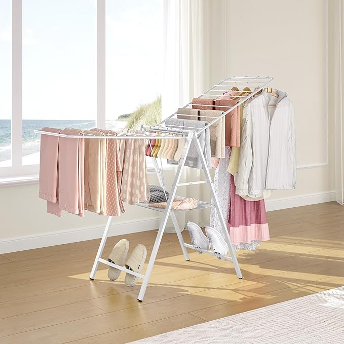 APEXCHASER Drying Rack for Clothing Foldable, Metal Laundry Rack Collapsible, Ultra Thin Gullwing Clothes Airer with Adjustable Height for Towel Baby Clothes Indoor Outdoor Laundry Room, White-Ruum Studio Home