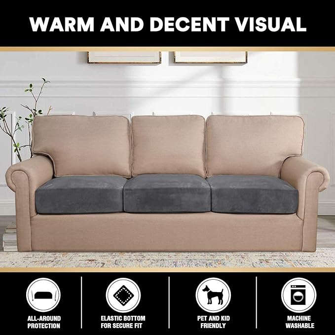 PrinceDeco Velvet Stretch Couch Cushion Cover Extra Large Cushion Slipcover for Chair Loveseat Sofa Cushion Furniture Protector Seat Cushion Sofa Cover (3 Piece XL Sofa Cushion Covers, Grey)-Ruum Studio Home
